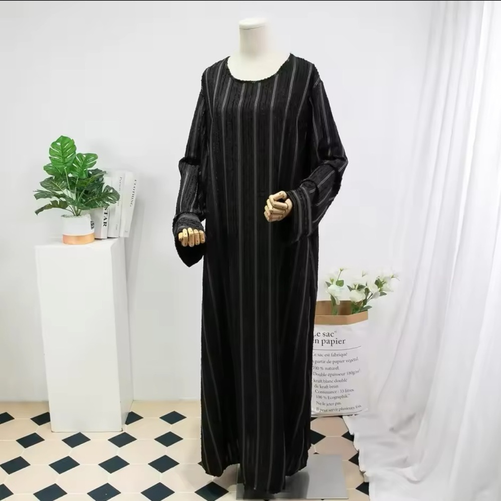Closed abaya dress black with white stripes